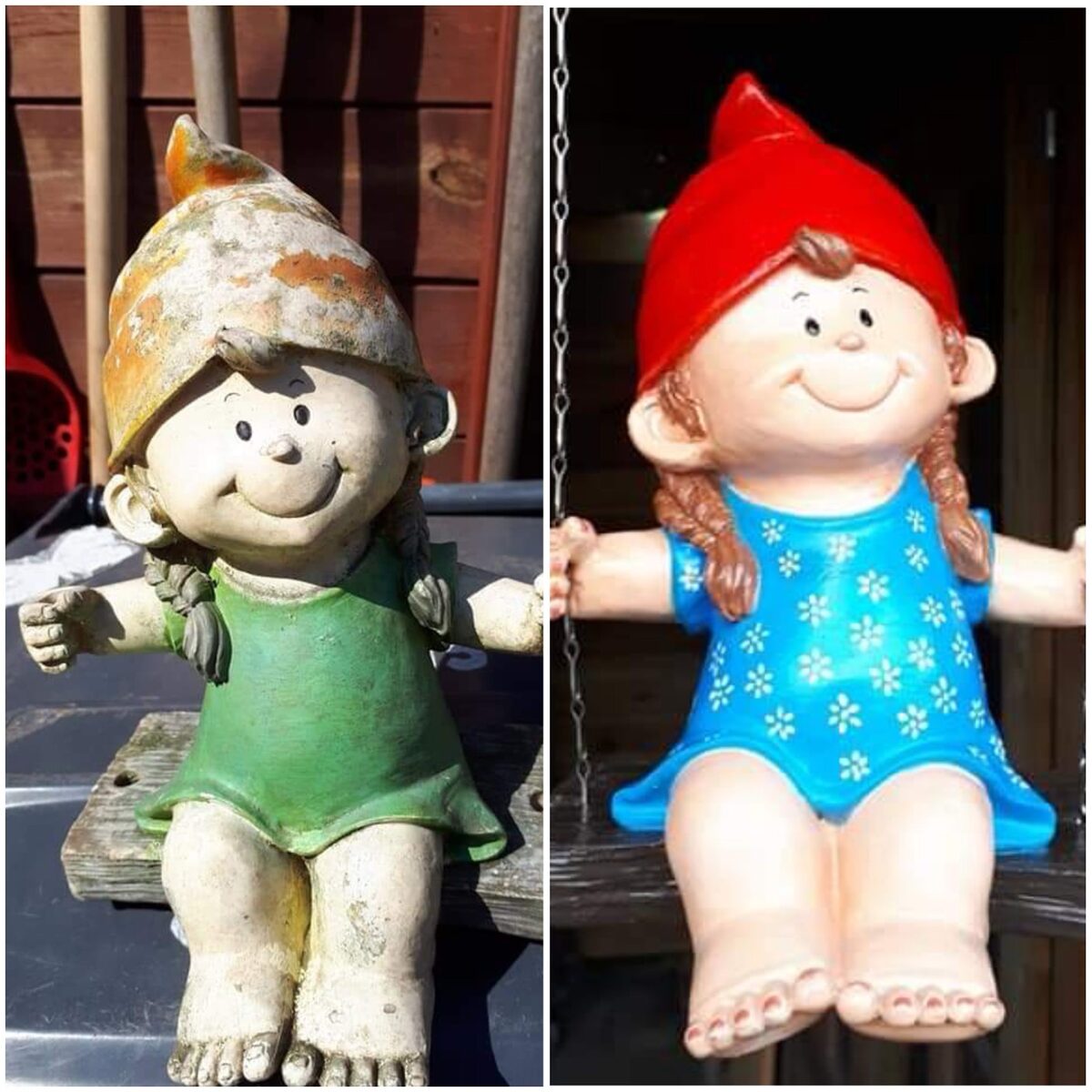 Verweerde tuinkabouter links, frisgeschilderde versie rechts