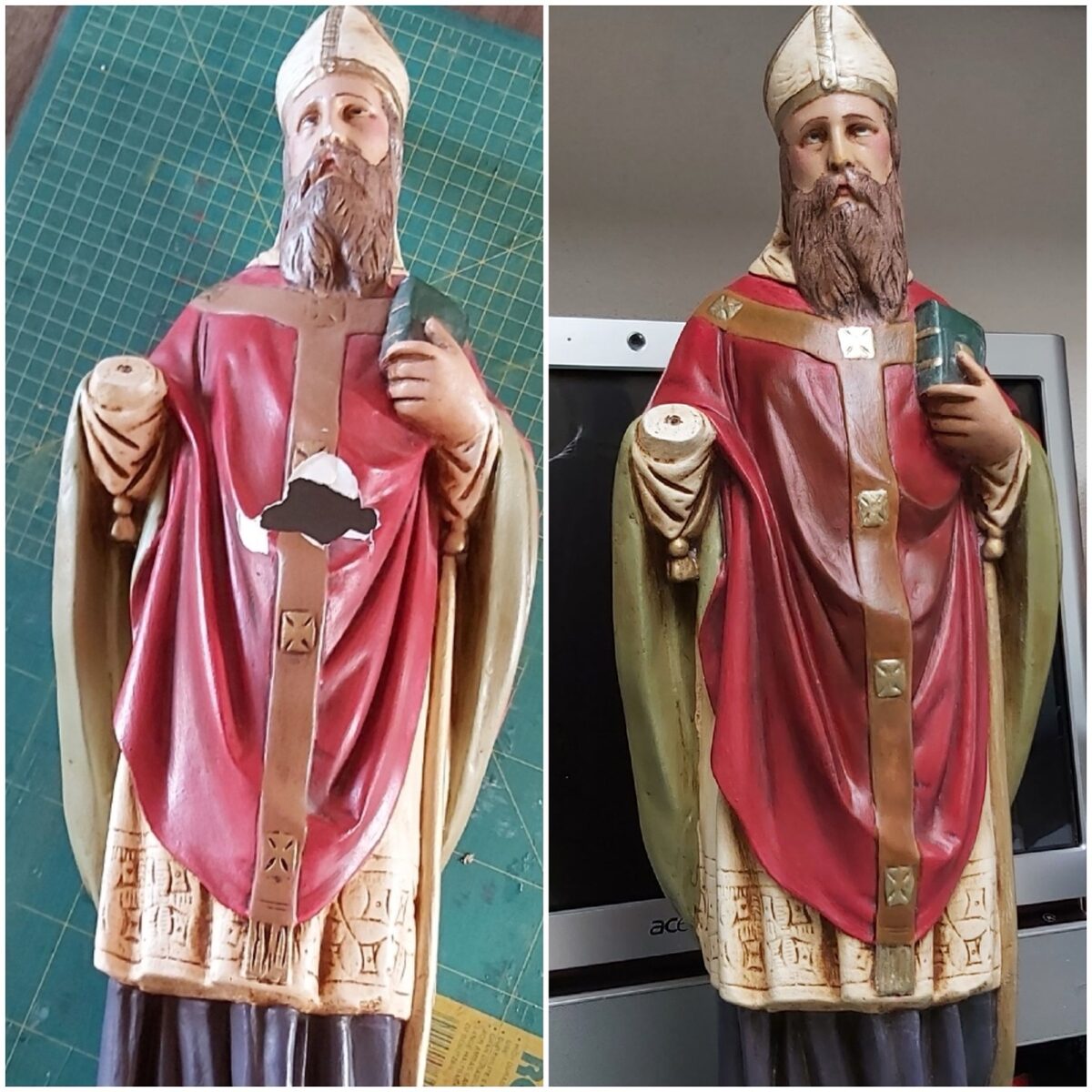 Beschadigd heiligenbeeld links, volledig herstelde en geverfde versie rechts